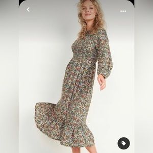 Floral Prairie Dress Long Sleeve Smocked Green XL